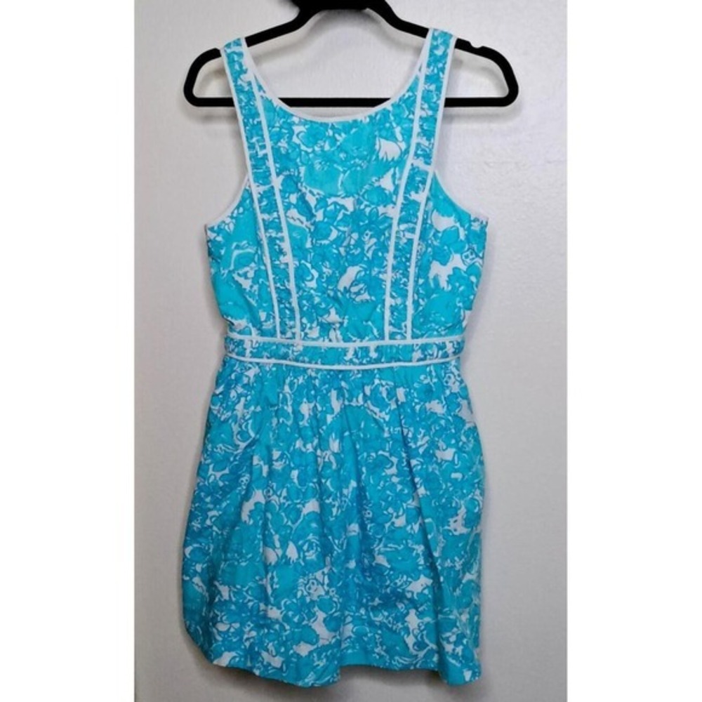 LILLY PULITZER Fit and Flare‎ Dress Womens 6 Turquoise Blue Floral Cotton Piping